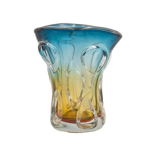 Boho Hand Blown Glass Vase – 27cm Blue & Yellow Murano Art StyleLuxury Coglass Vase