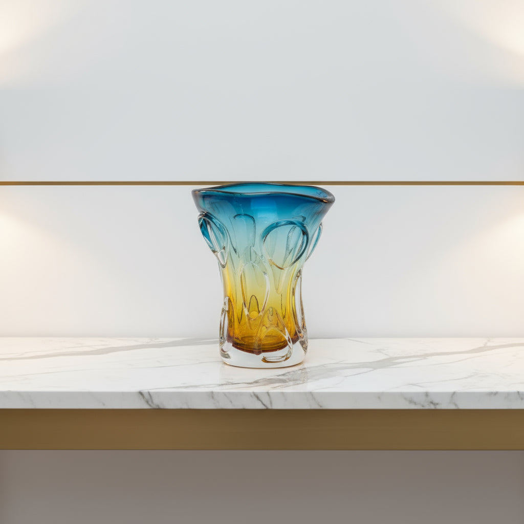 Boho Glass Vase Hand Blown – 27cm Blue & Yellow Murano Art Style