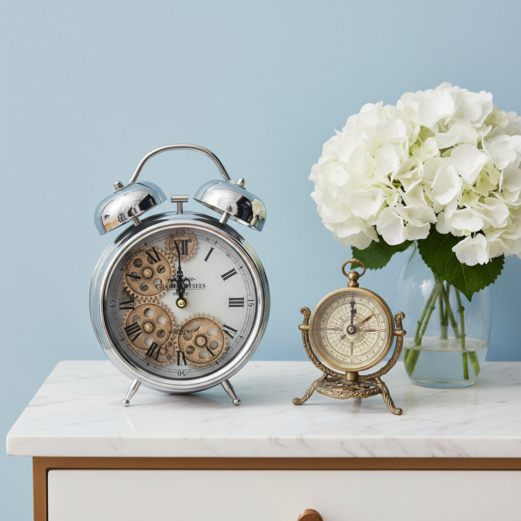 Newton Bell Exposed Gear Movement Bedside Clock - Silver