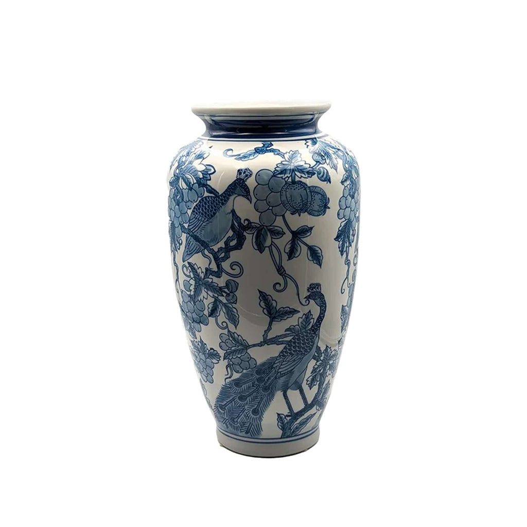 Hand-Painted Blue White Peacock Ceramic Vase