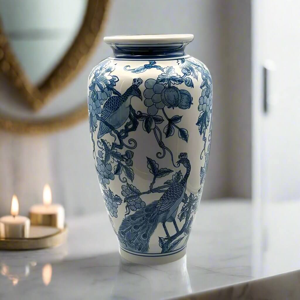 Large Peacock Vase Hand-Painted Ceramic