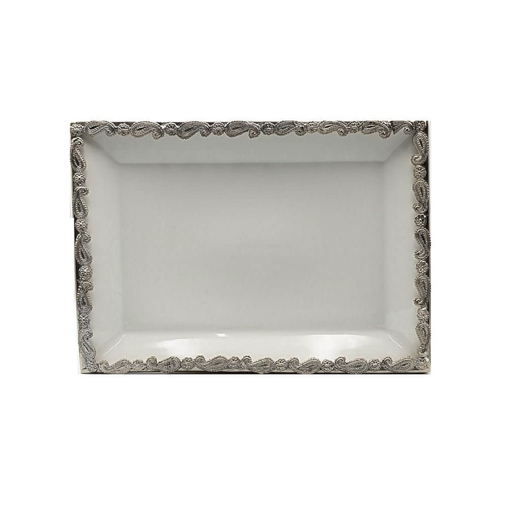 White Paisley Rectangular Ceramic Tray