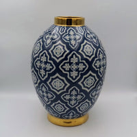Large Navy Blue & Gold Ceramic Belly Vase