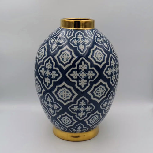 Tangier Midnight Navy Blue & Gold Ceramic Belly Vase, 34cmDiscover luxury with this navy ceramic vase, accented in gold. Perfect for Australian home decor.