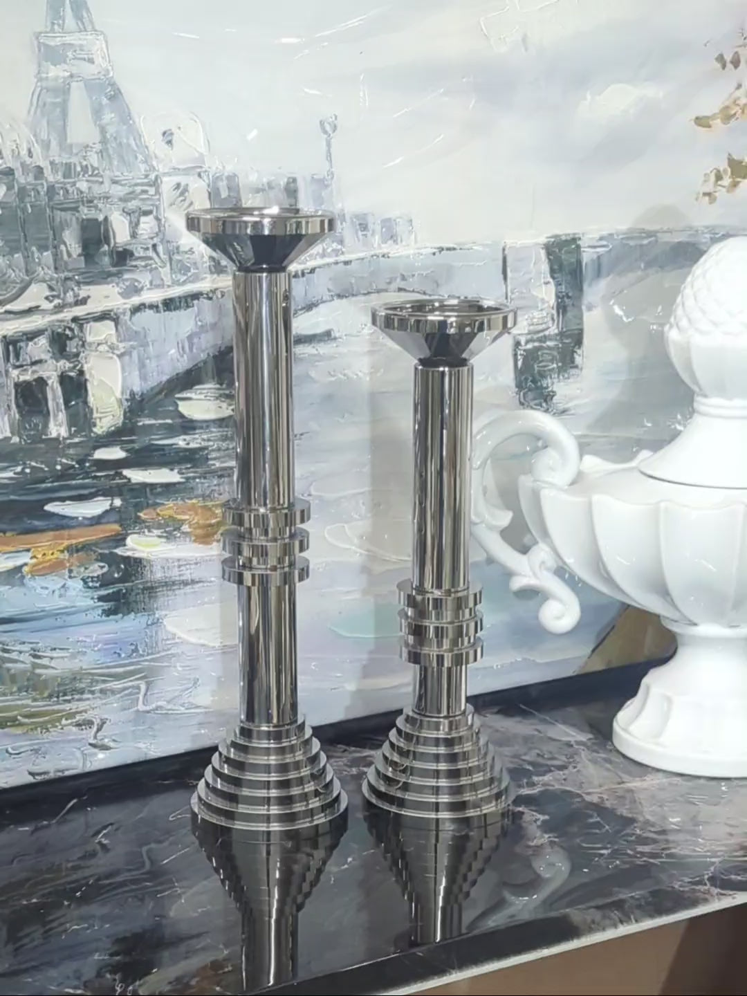 Modern Chrome Candle Holder Set