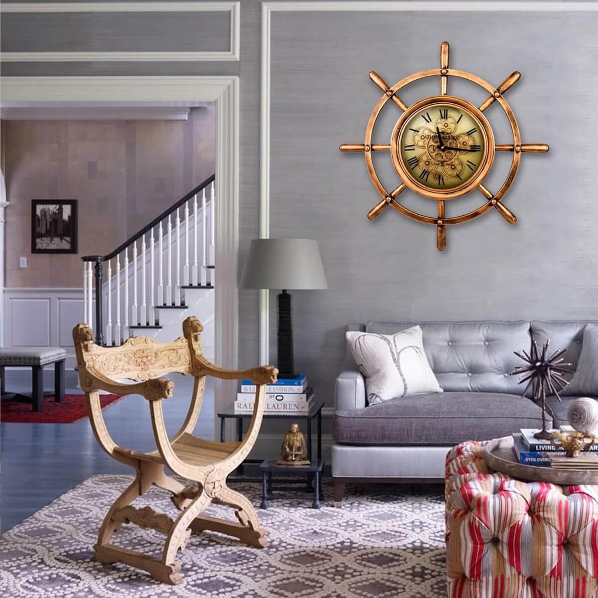 Round Nautical Steering Wheel Wall Clock - 65cm Gears