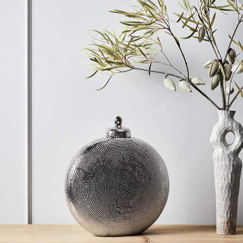 Round Silver Ceramic Lidded Urn 30cm Luxury Co