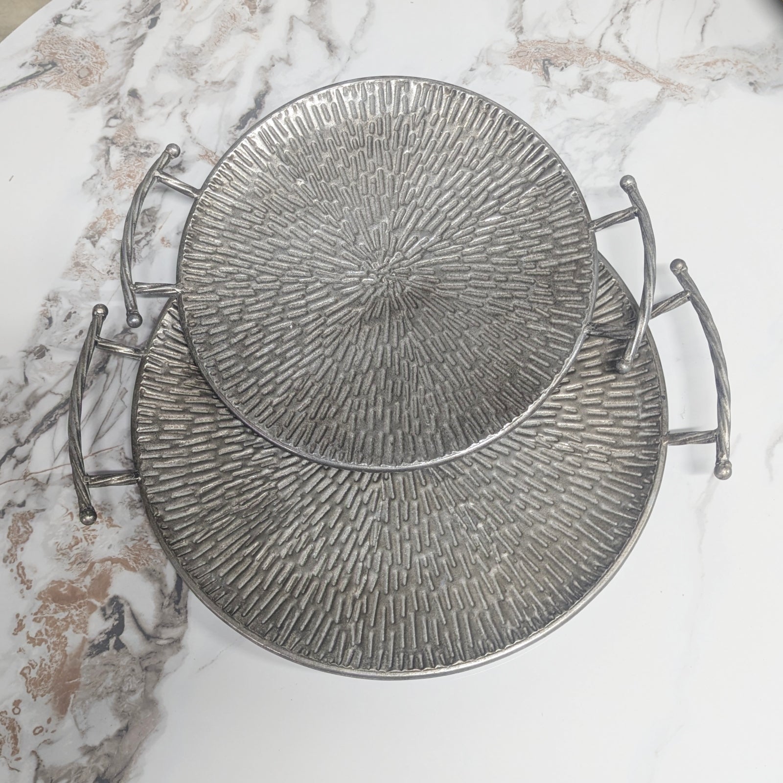 Textured Silver Metal Round Serving Trays