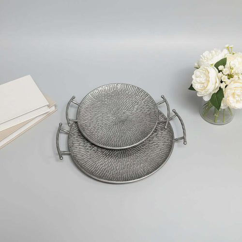 Textured Silver Metal Round Serving Trays - Set of 2 with hammered surface and side handles, ideal for elegant serving.