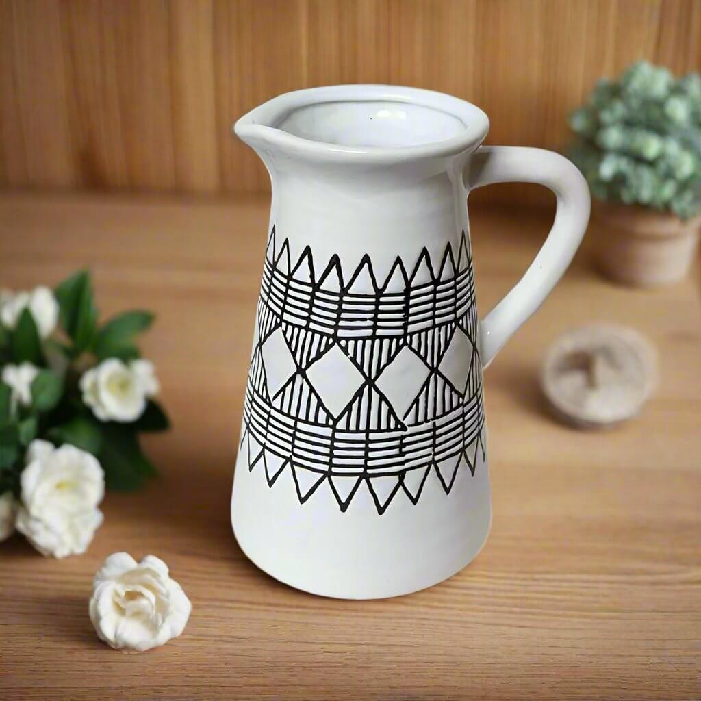 Sahara Painted Ceramic Jug White & Black 25cm Luxury Co