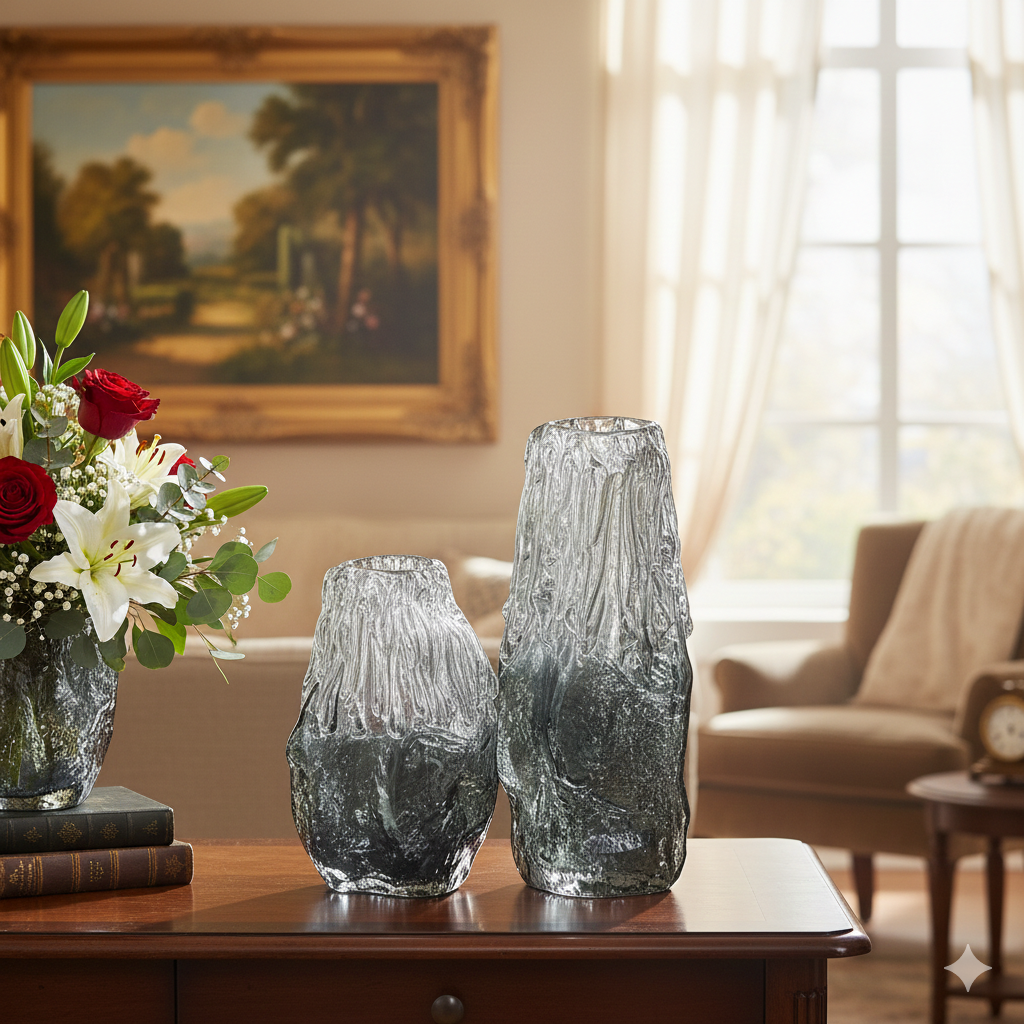 Artisan Hand Blown Smoked Glass Vase Set