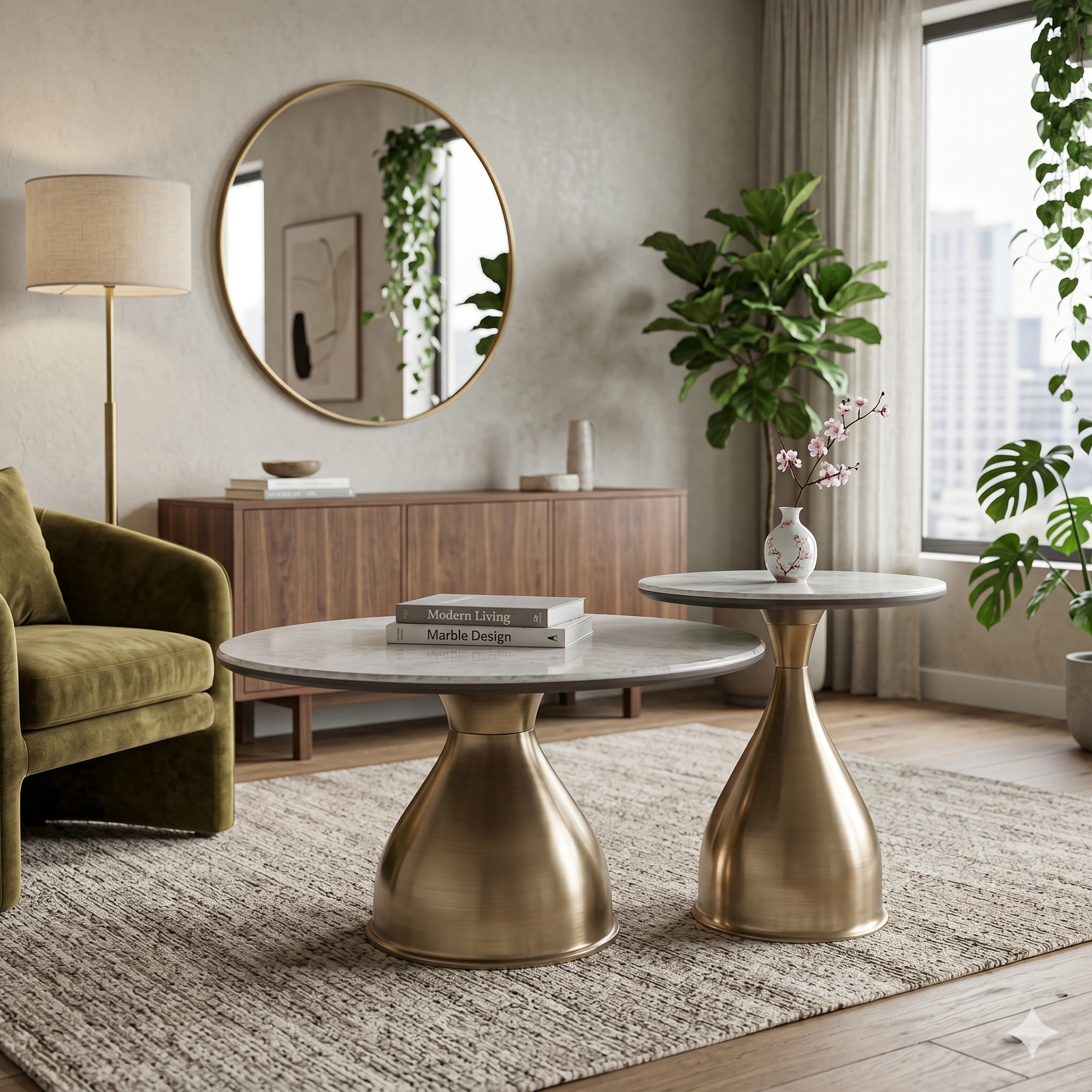 The Aurelia Round Faux Green Marble Coffee Table Set