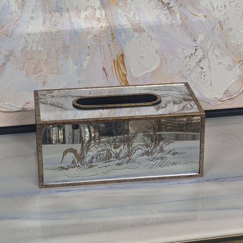 Mercury Champagne Mirrored Tissue Box with gold trimming on elegant marble surface