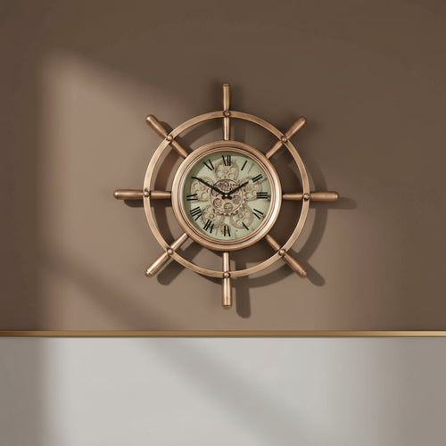 Round Nautical Steering Wheel Wall Clock, Rose Gold, 65cmElevate spaces with a 65cm rose gold nautical wall clock, perfect for vintage or industrial décor.