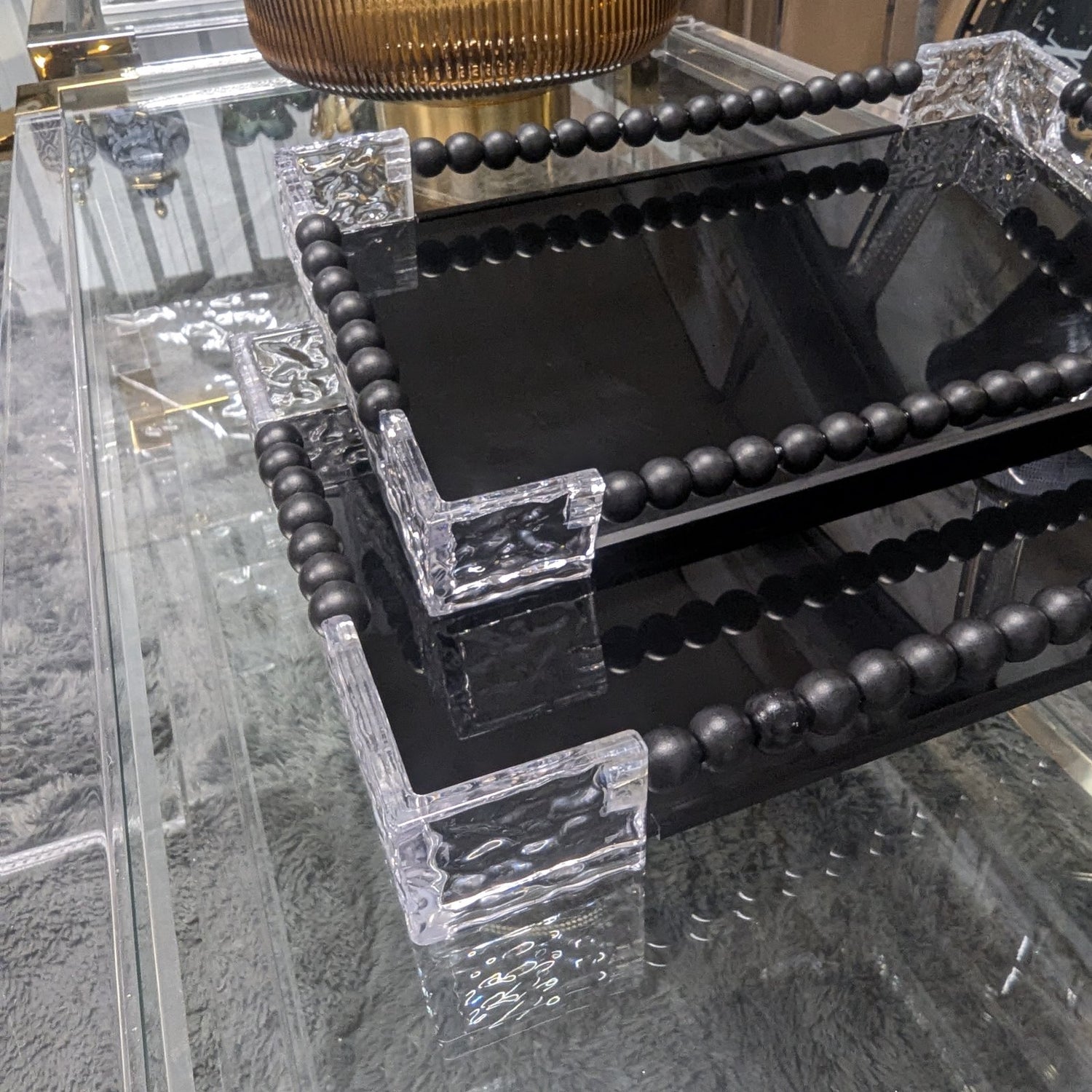 Black Glass Rectangular Serving Tray Set with Wood & Acrylic Elements