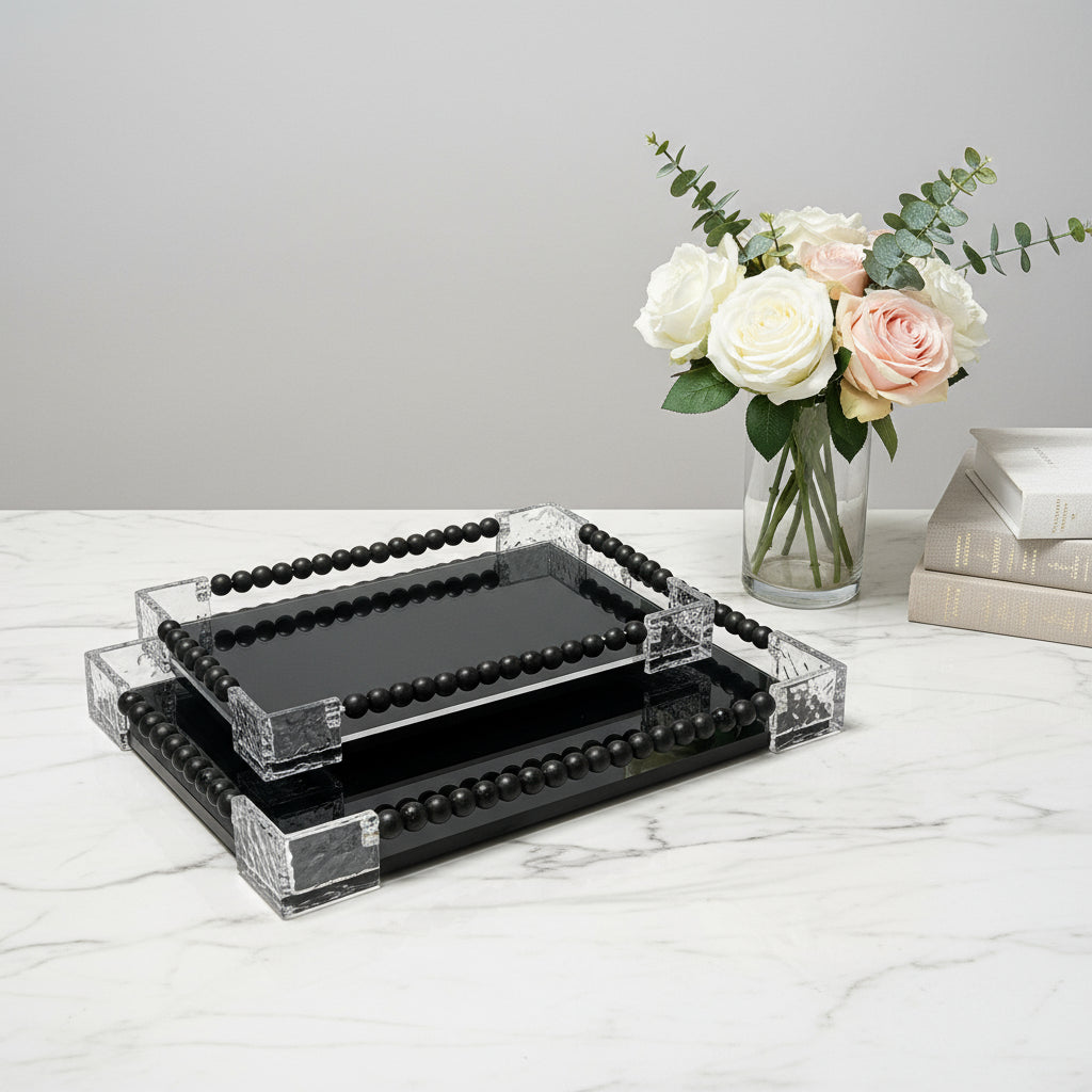 Black Glass Rectangular Serving Tray Set with Wood & Acrylic Elements