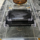 Black Glass Rectangular Serving Tray Set with Wood & Acrylic Elements