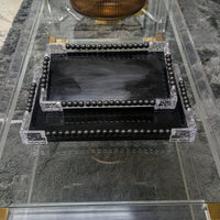 Black Glass Rectangular Serving Tray Set with Wood & Acrylic Elements