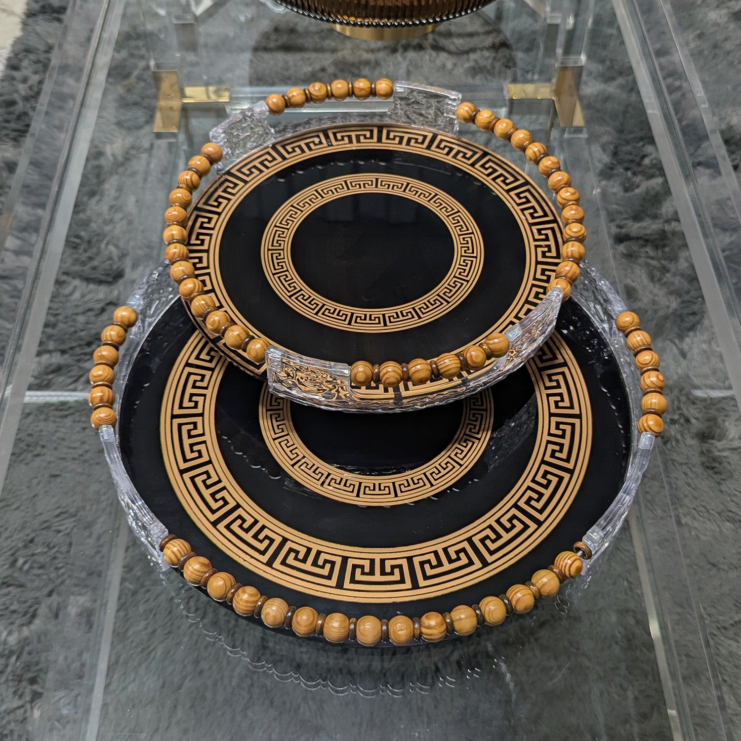 Serving Tray Set Black & Gold Greek Key