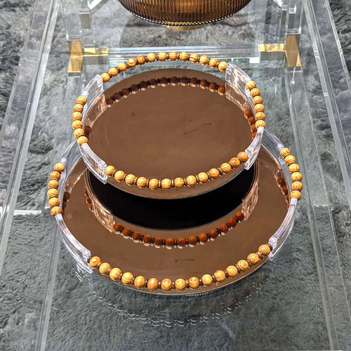 Gold Trim Round Mirror Serving Tray Set