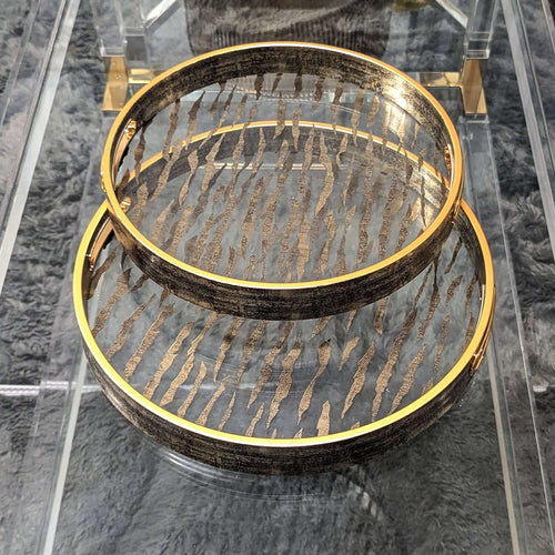 Champagne Gold Glass & Wood Tray Set