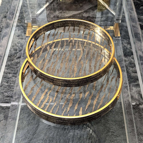 Champagne Gold Glass & Wood Tray Set