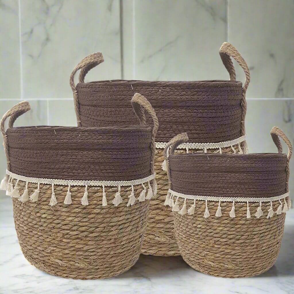 Trish V-shape Basket With Tassels 2 Tone Natural / Chocolate