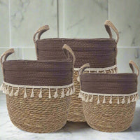 Trish V - shape Basket With Tassels 2 Tone Natural / Chocolate - Luxury Co