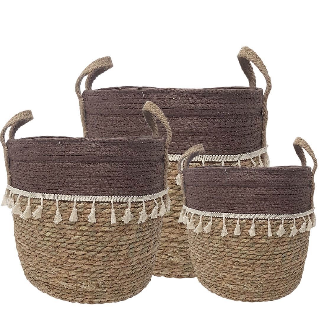 Trish V-shape Basket With Tassels 2 Tone Natural / Chocolate