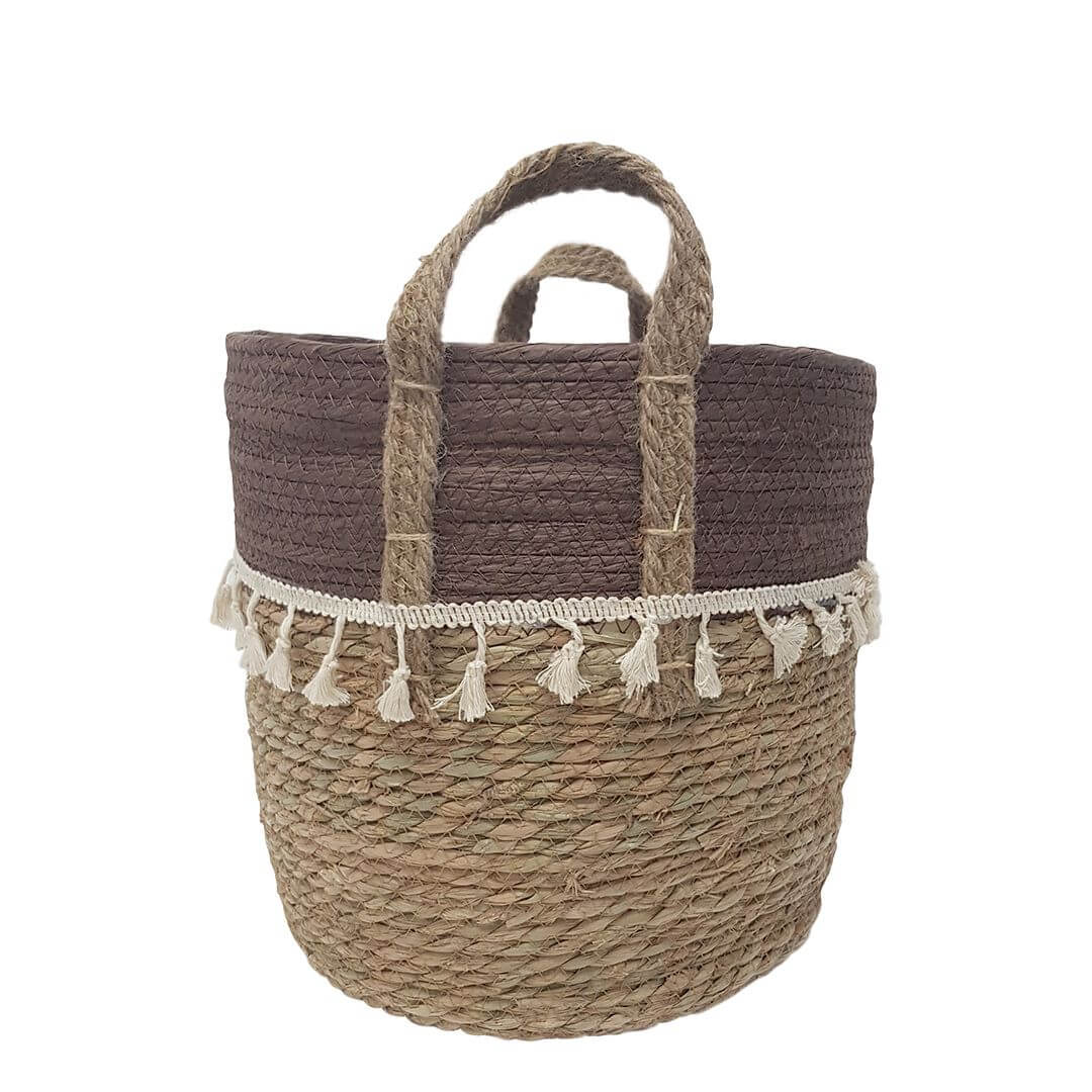 Trish V - shape Basket With Tassels 2 Tone Natural / Chocolate - Luxury Co