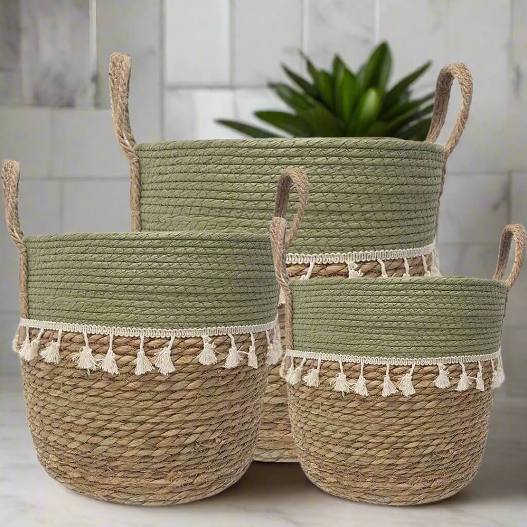 Trish V-shape Basket With Tassels - Natural / Olive