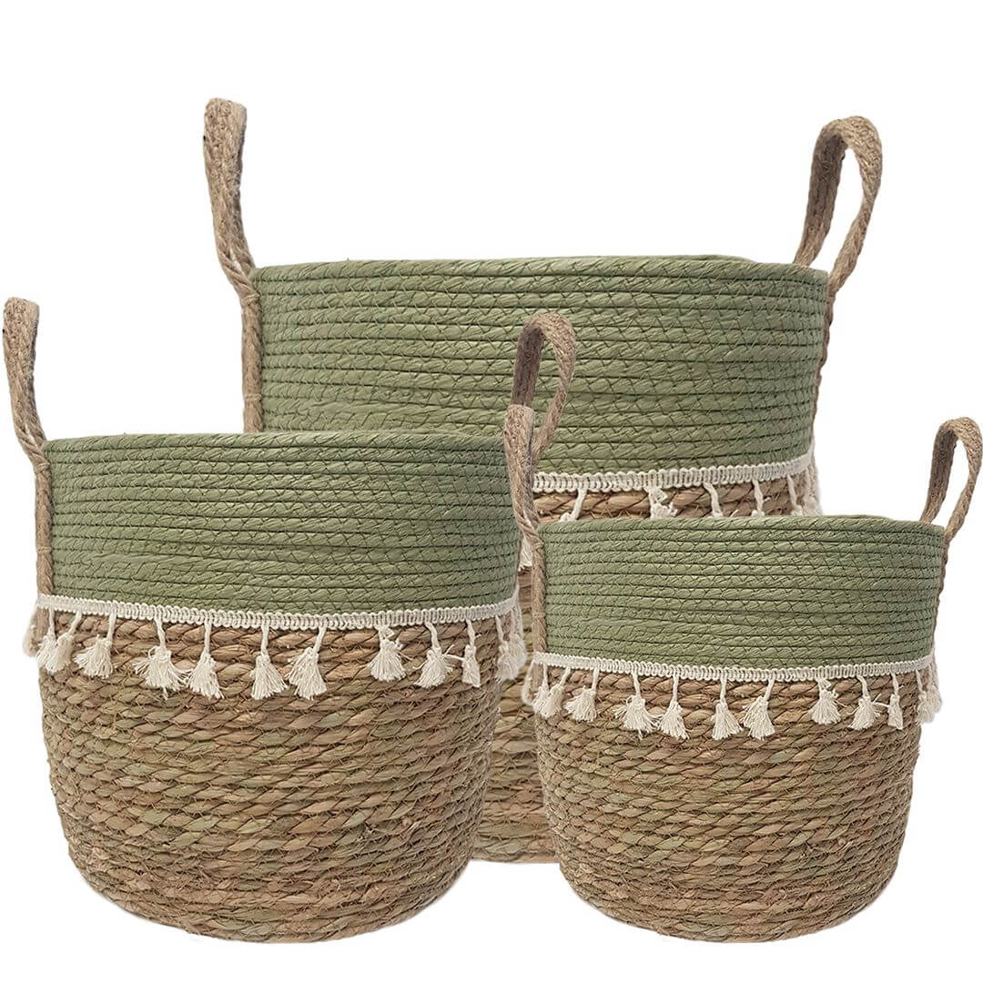 Trish V-shape Basket With Tassels - Natural / Olive