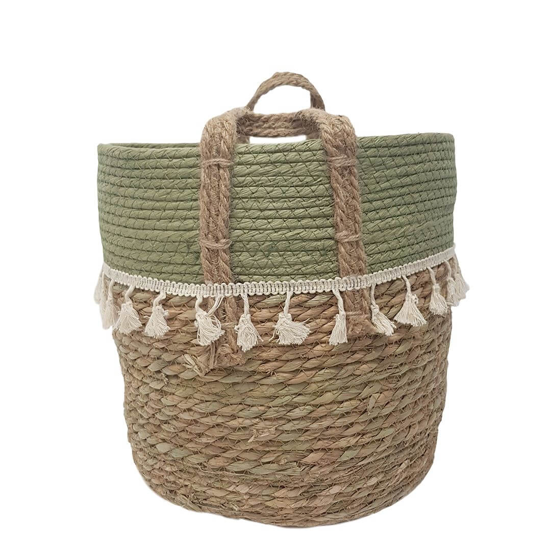 Trish V - shape Basket With Tassels - Natural / Olive Luxury Co