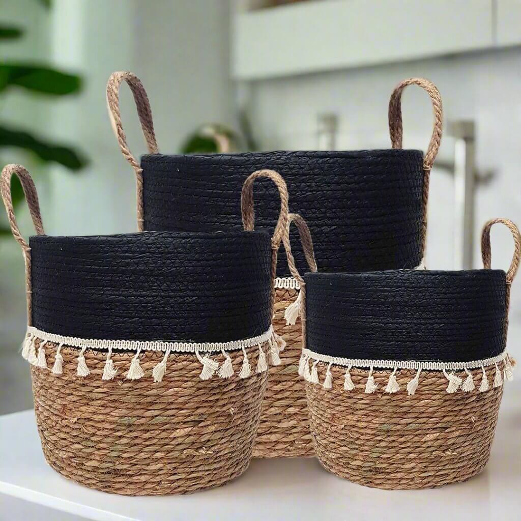 Trish V-Shape Basket with Tassels - Natural/Black