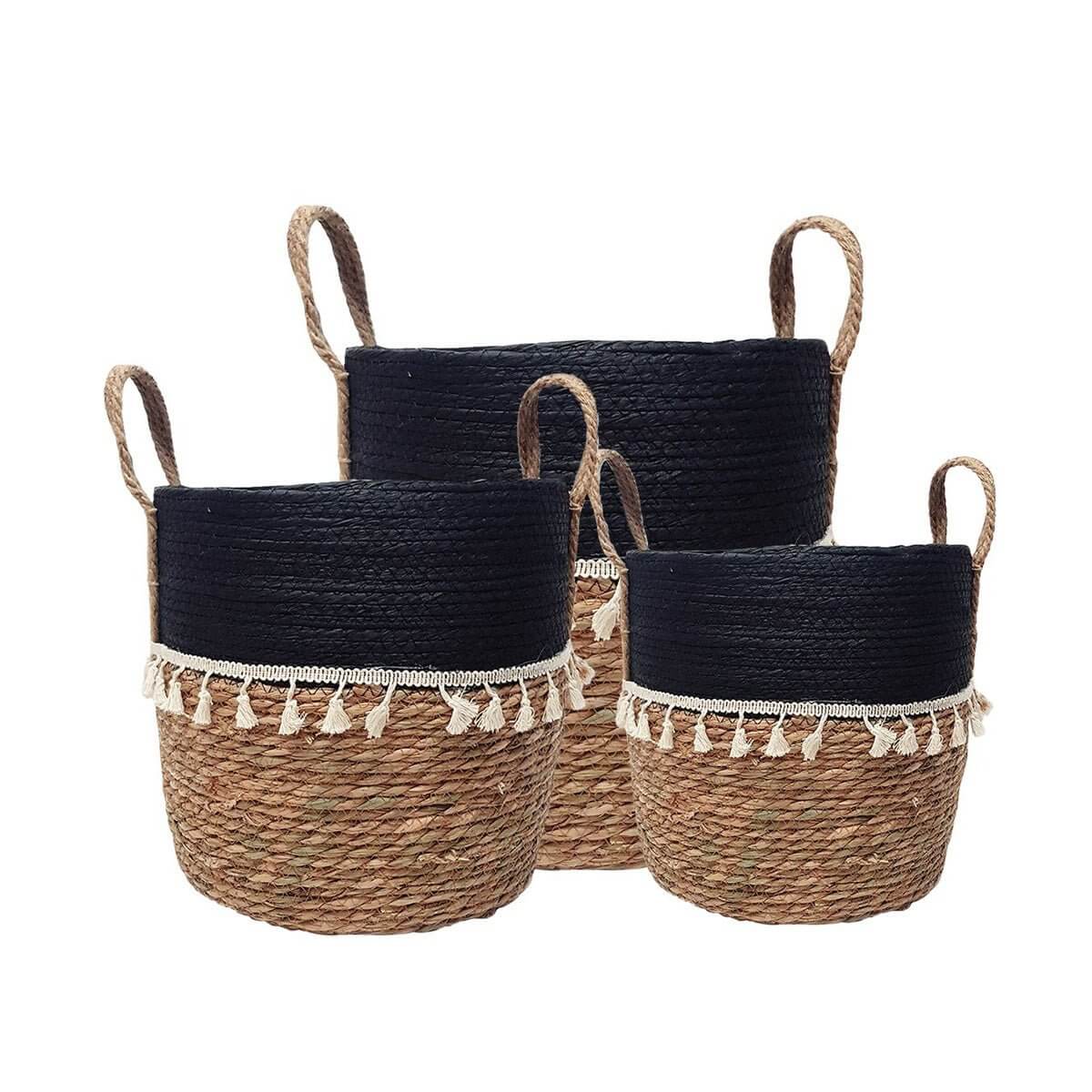 Trish V-Shape Basket with Tassels - Natural/Black
