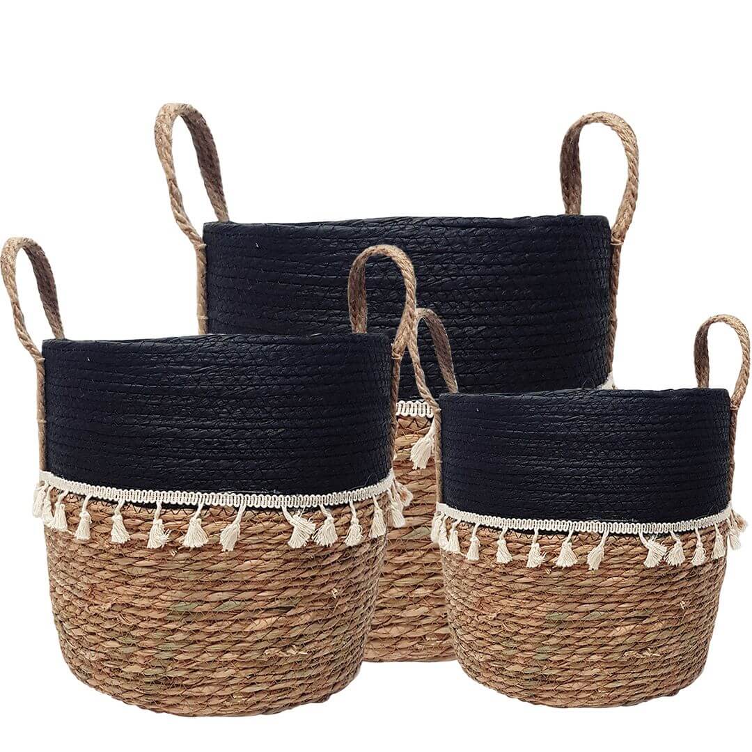 Trish V - Shape Basket with Tassels - Natural/Black Luxury Co
