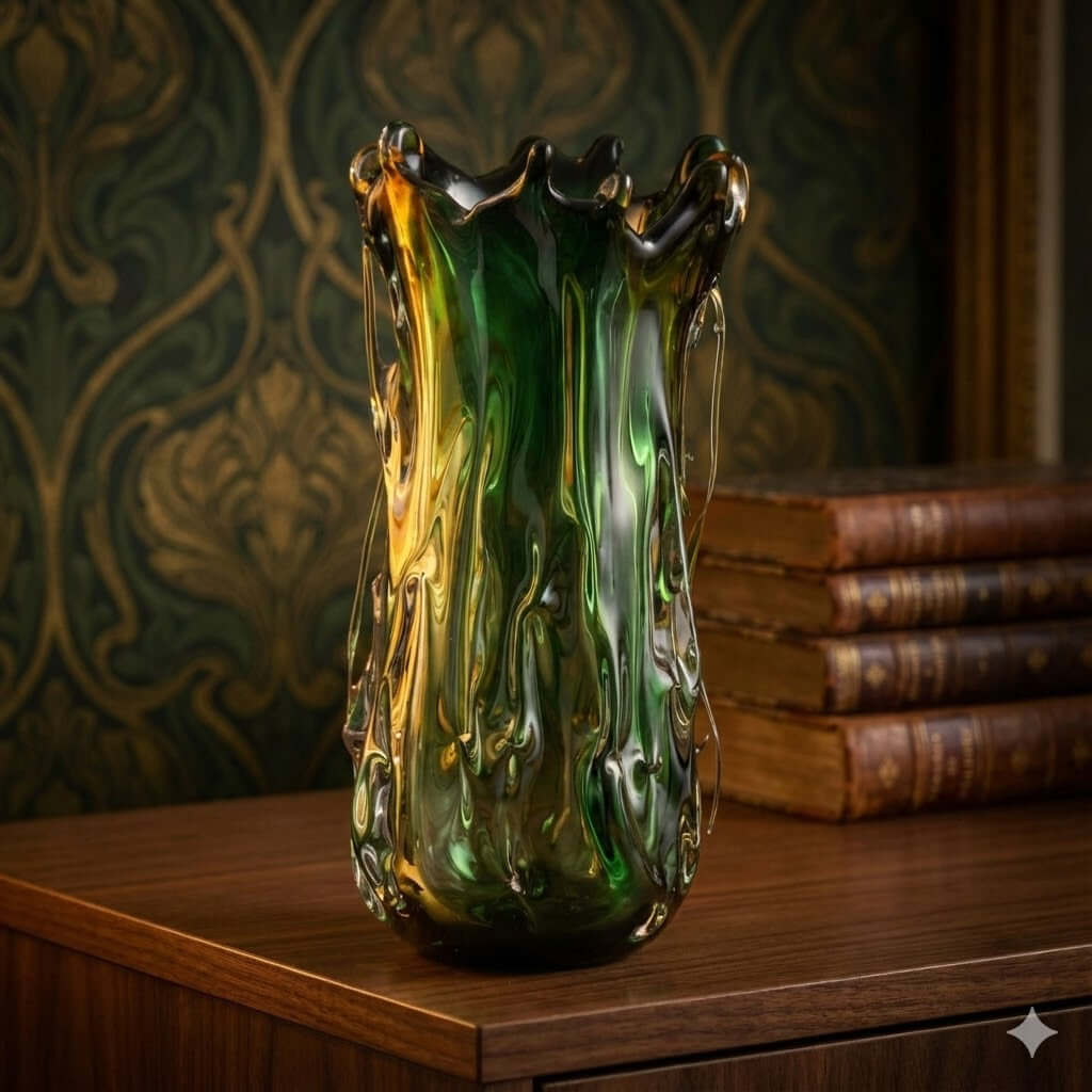 Art Nouveau Green and Amber Glass Vase