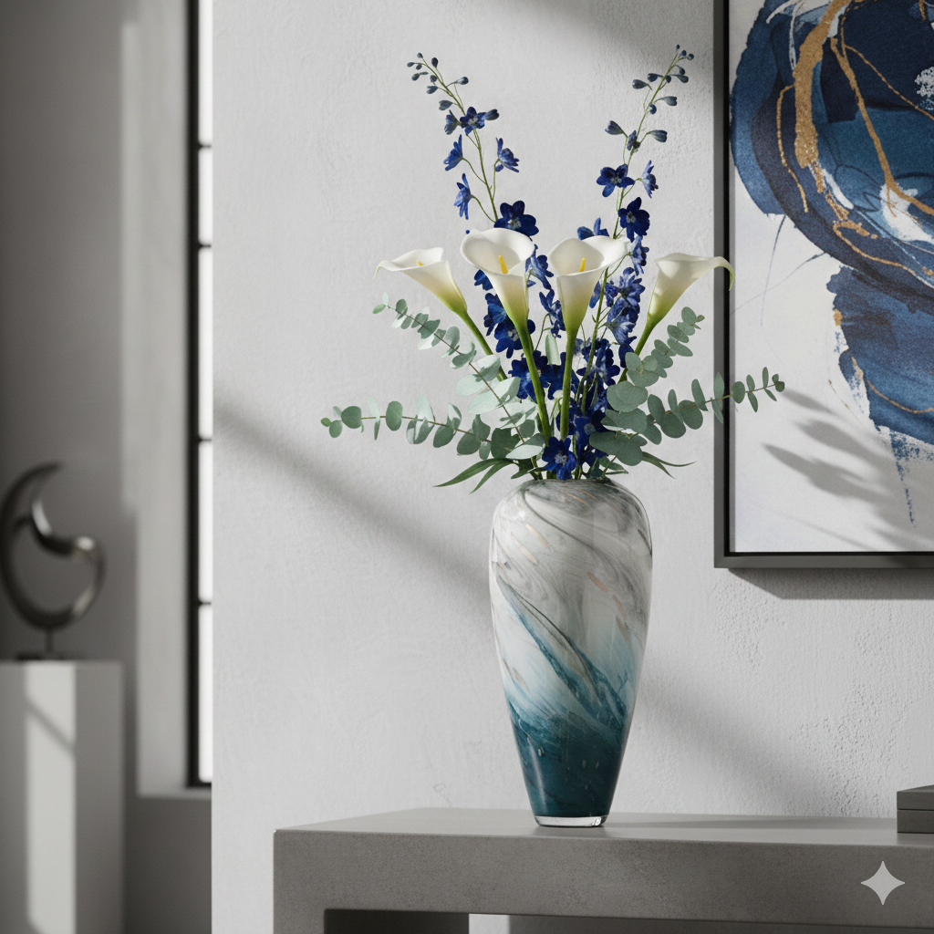 Tall Marble Glass Vase Green Blue Gold 38cm