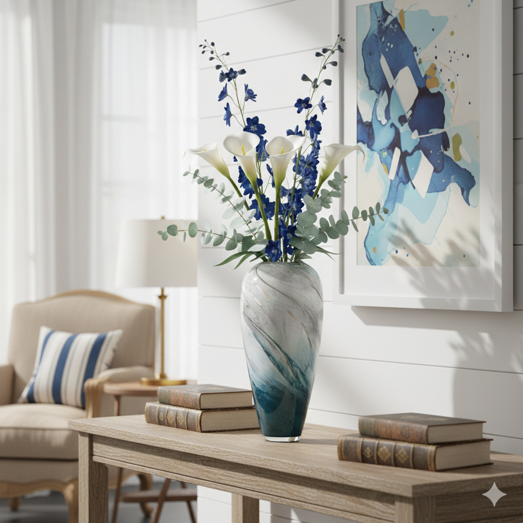 Tall Marble Glass Vase Green Blue Gold 38cm