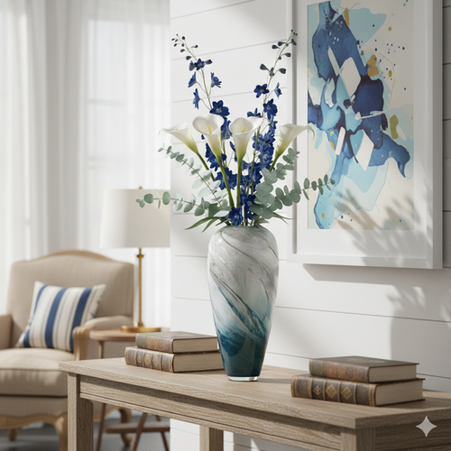 Tall Marble Glass Vase Green Blue Gold 38cm