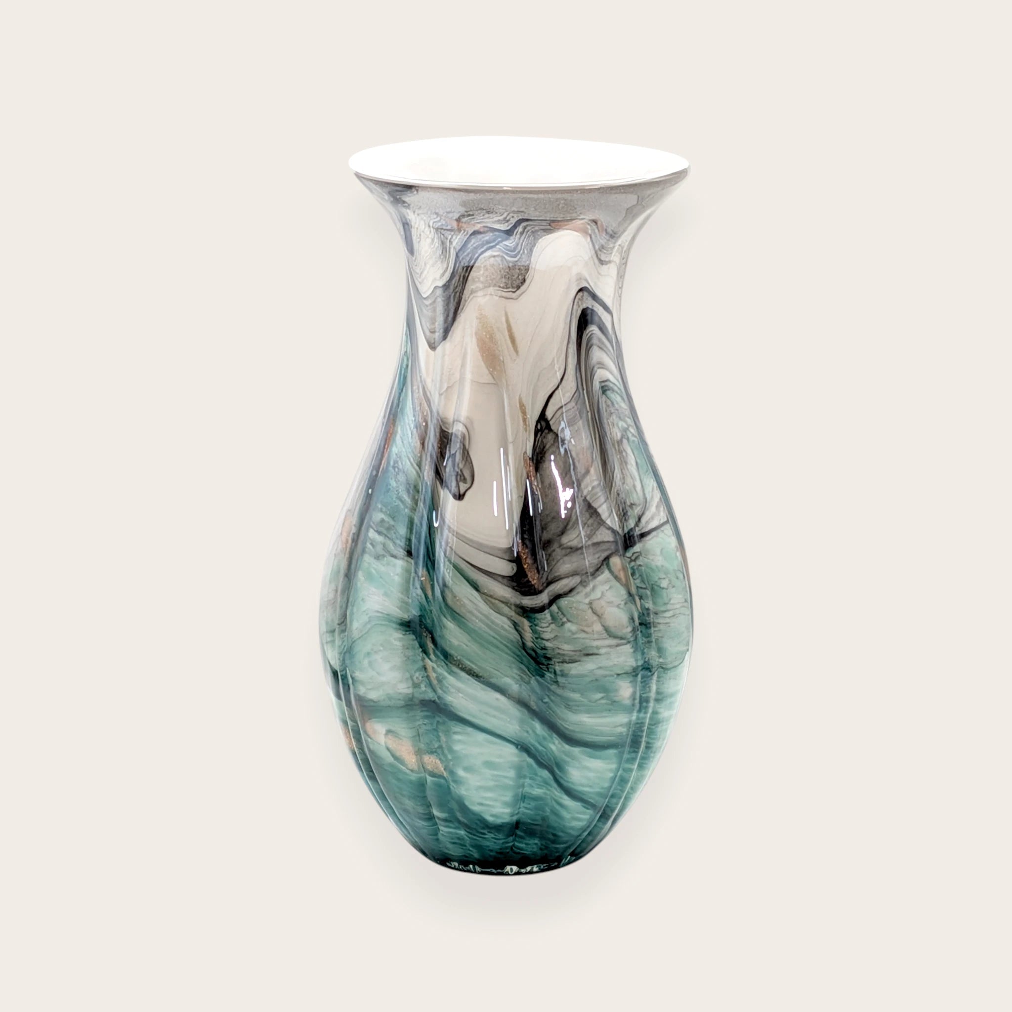 Green Marbled Ceramic Fluted Vase - 39cm