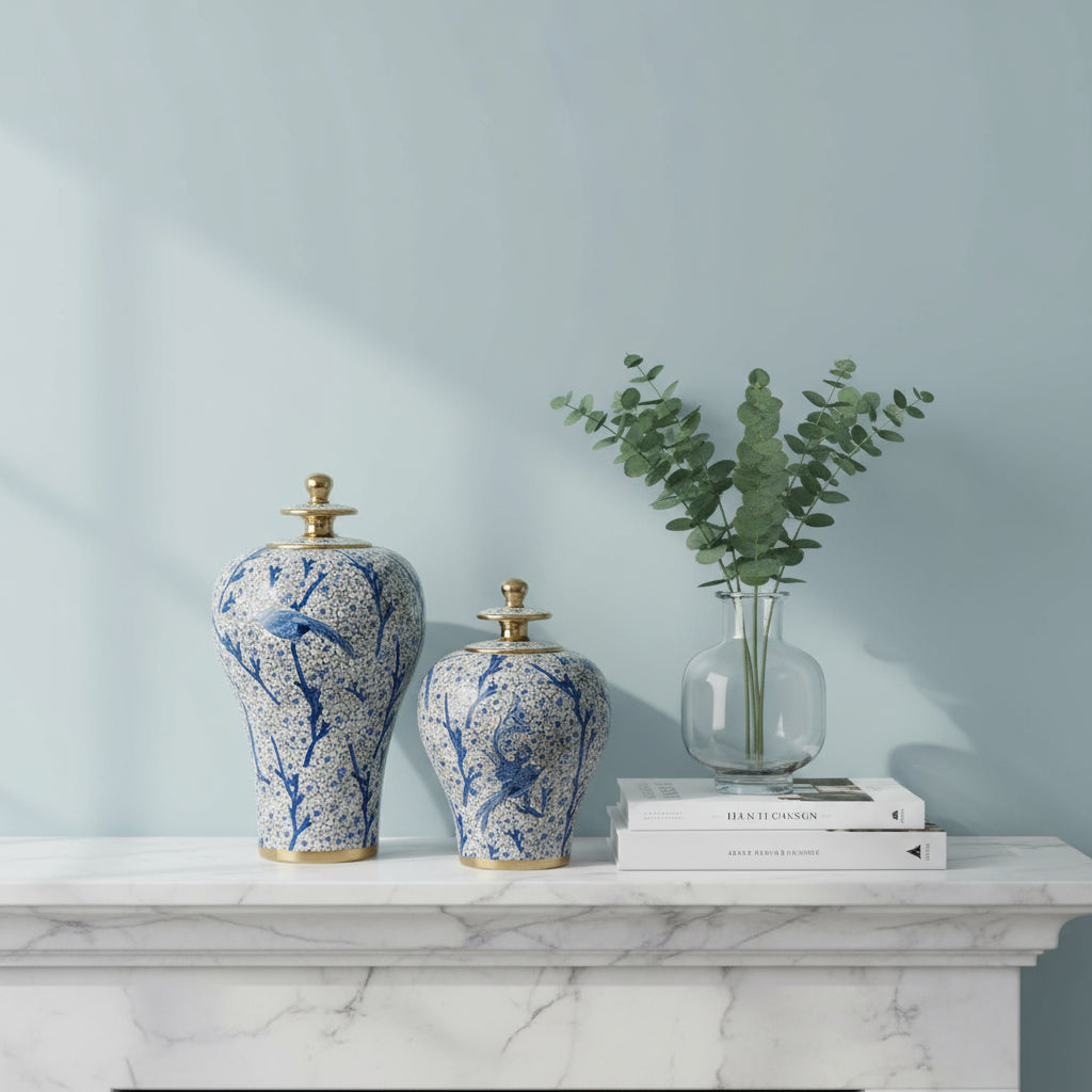 Vintage Blue Ginger Jar Set Hand-Painted Floral