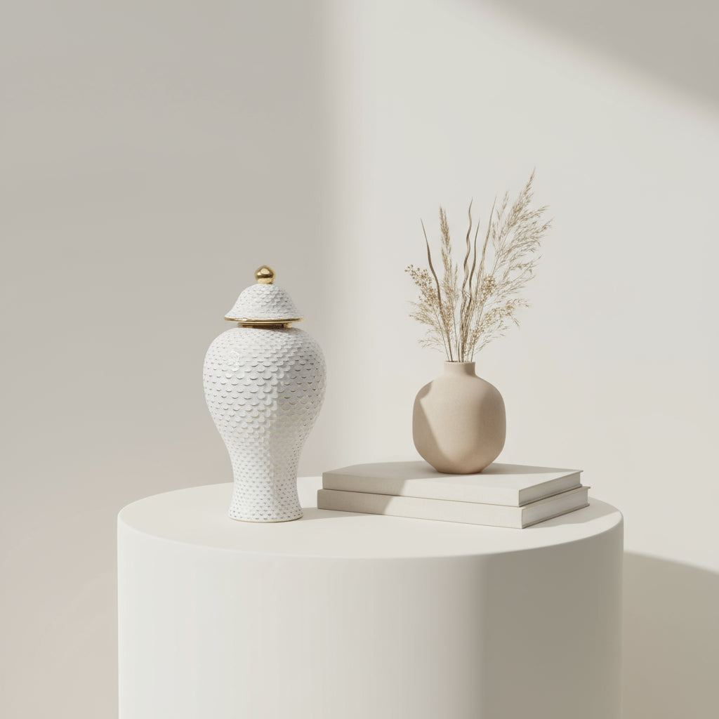 Tall White Ceramic Textured Gold Lid Jar