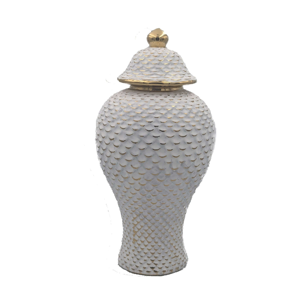 Tall White Ceramic Textured Gold Lid Jar