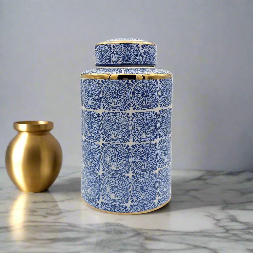 Willow Ceramic Blue Gold Accent Ginger Jar