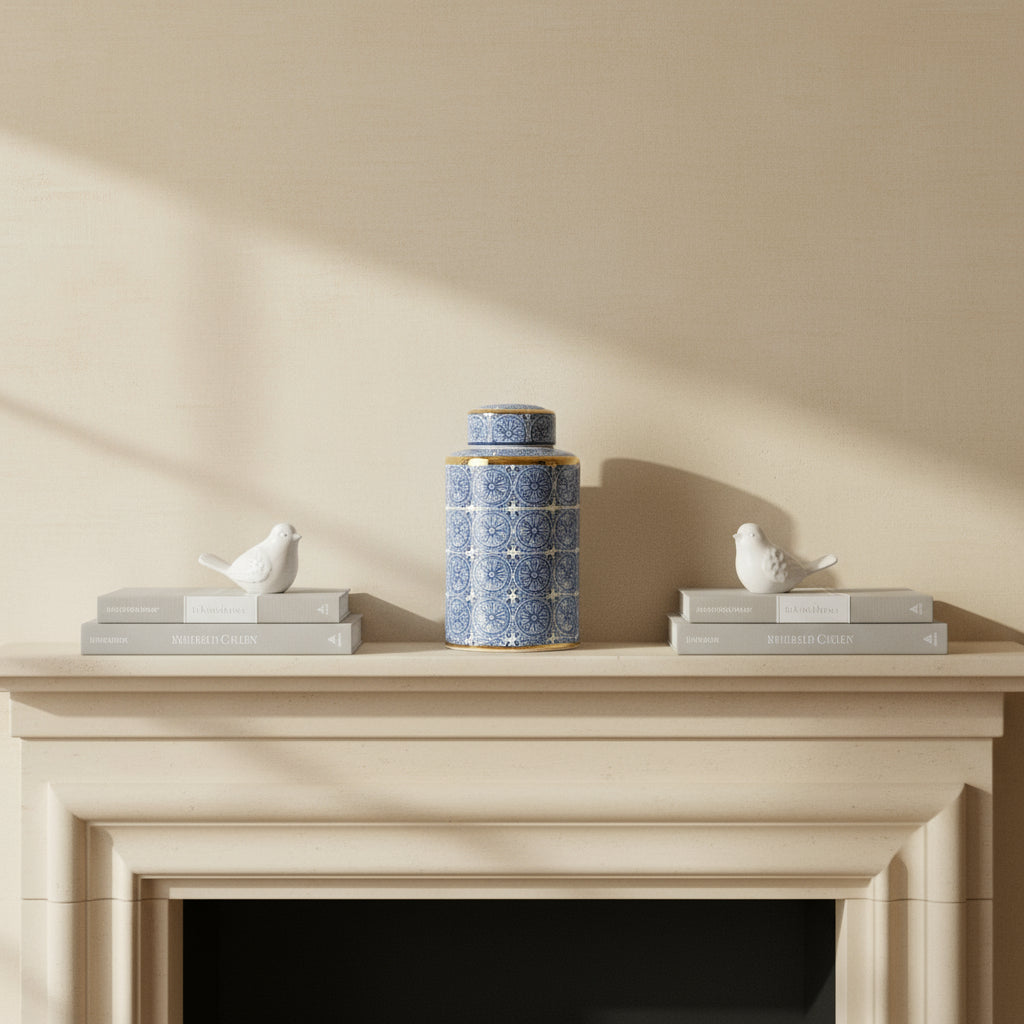 Willow Ceramic Blue Gold Accent Ginger Jar