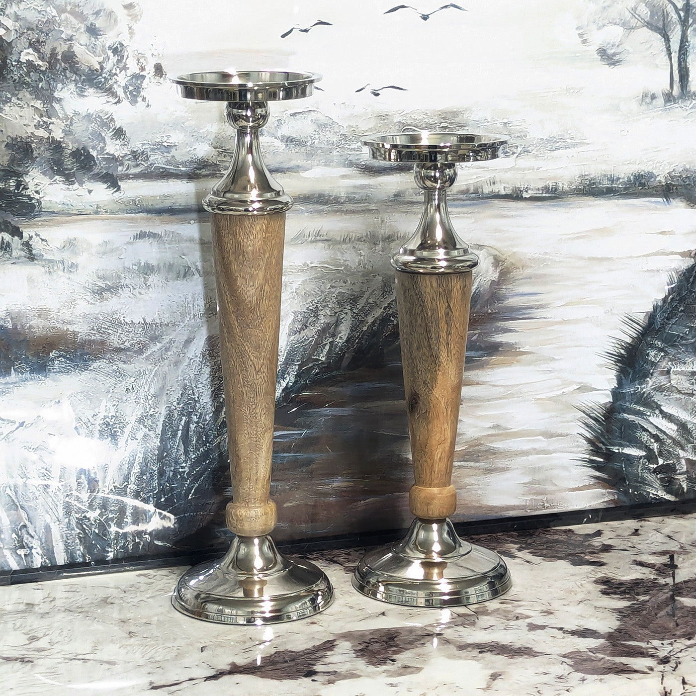 Atlas Candle Holder Wood/Aluminium Candle Stick Holder Set