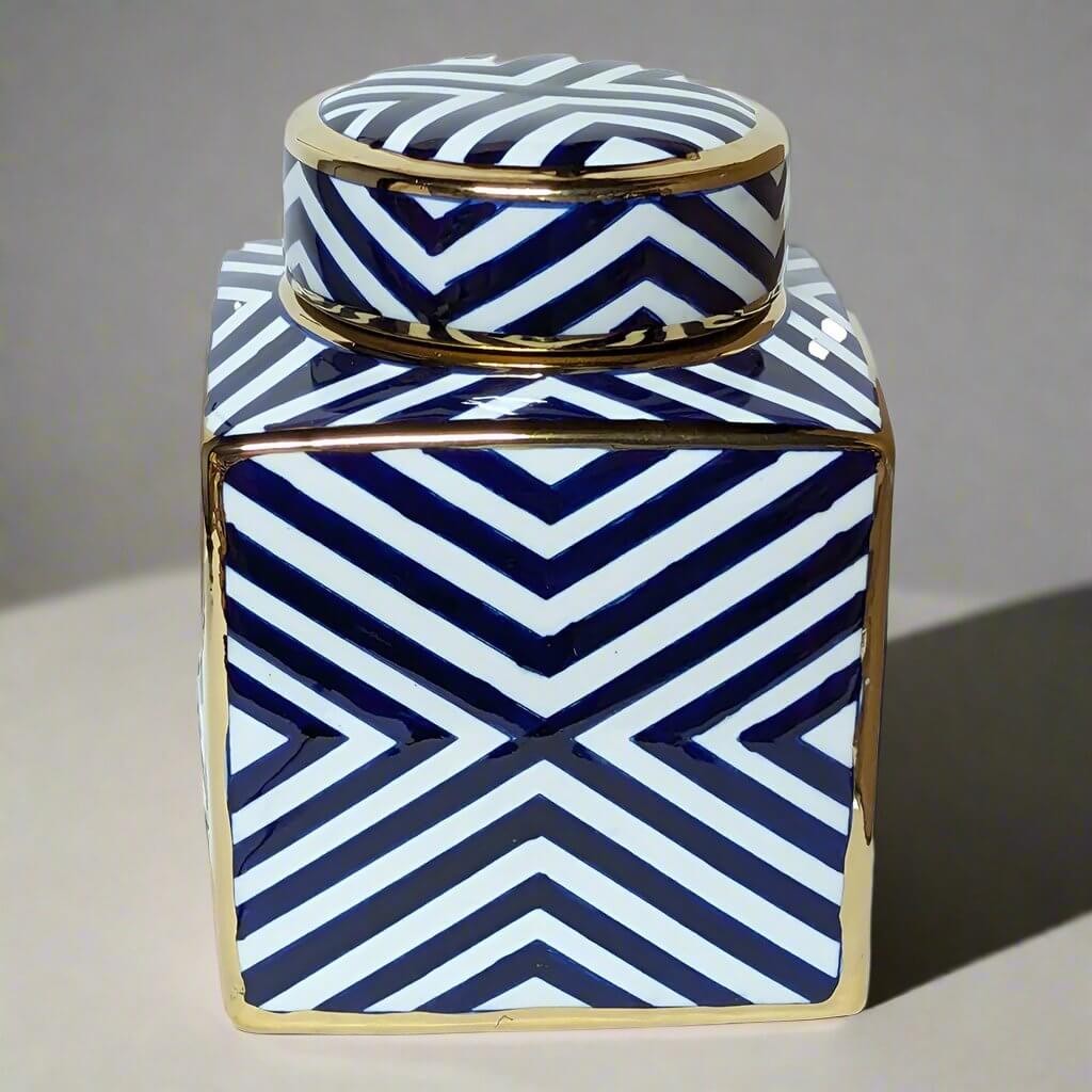 Zebra Square Blue & White Ceramic Gold Jar - Luxury Co