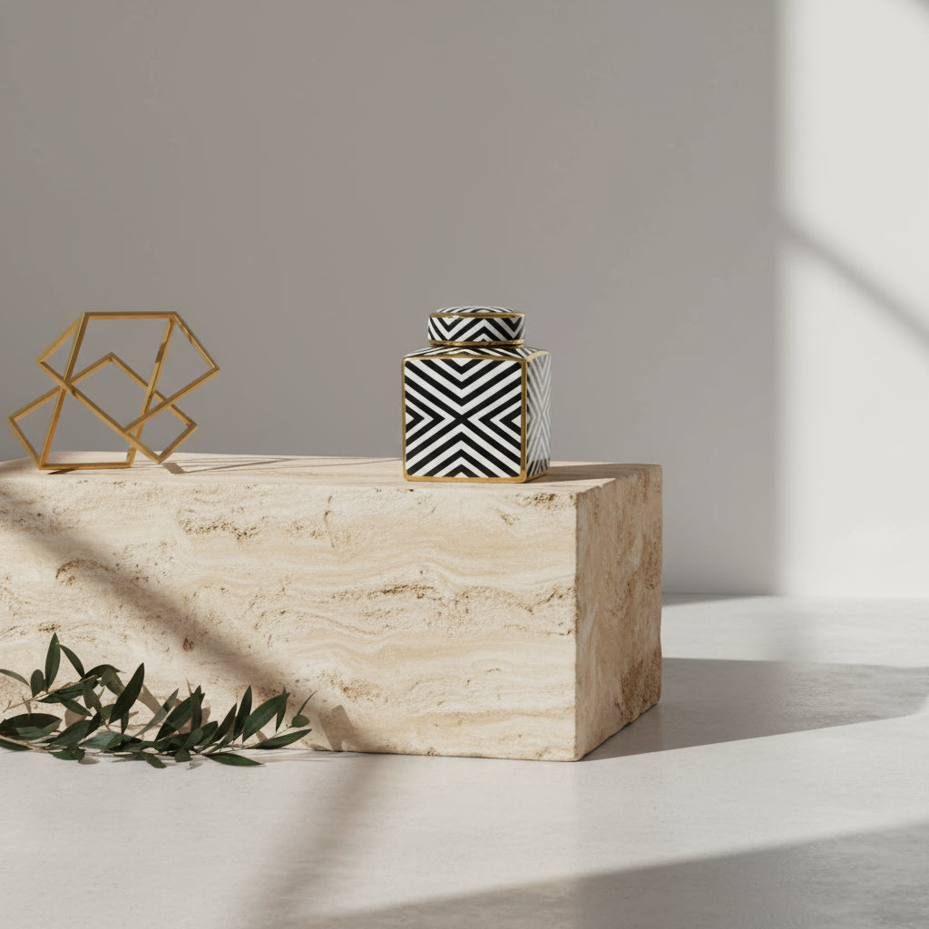 Navy Gold Zebra Print Square Ceramic Jar